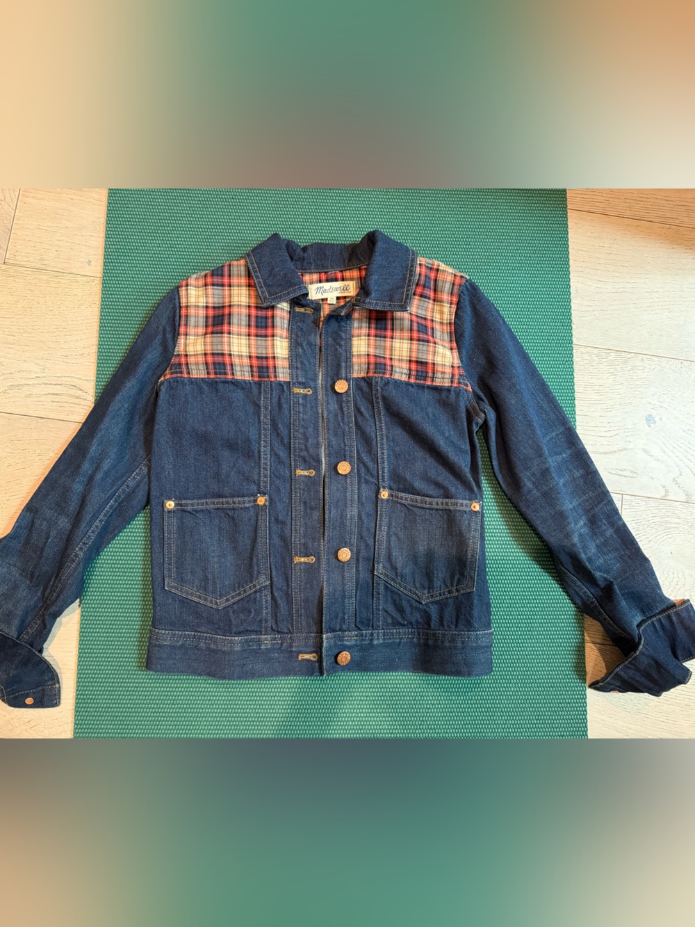 Madewell Dark Blue Denim Jacket with Red Plaid Yoke